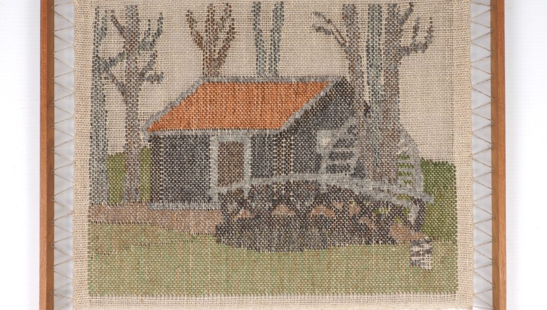 Obraz - pejzaż z chatą, wyszywany na płótnie, Skandynawia lata 60/70-te